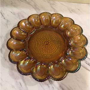 Indiana Carnival Glass Egg Plate Hobnail 11’ Iridescent Amber Vintage BK